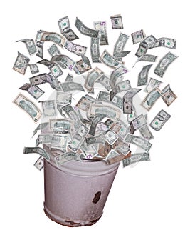 Dollars flying out of old bucket