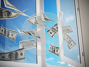 Dollars flying out of the window. 3D illustration