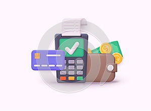 Dollars and gold coins stack. Wealth and banking icon. 3d payment terminal with red cross checkmark. Cashless NFC payment