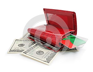 Dollars money in the red purse isolated