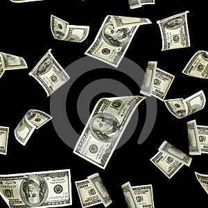 Dollars pattern us bill. Washington American cash. Falling usd money isolated on black background