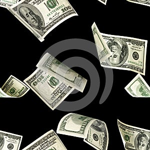 Dollars pattern us bill. Washington American cash. Falling usd money isolated on black background