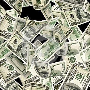 Dollars pattern us bill. Washington American cash. Falling usd money isolated on black background