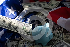 dollars, piggy bank, Money background, flag of the usa