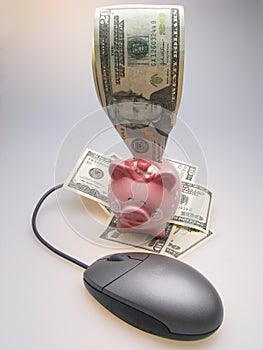 Dollars, piggy bank and mouse