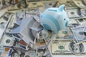 dollars piggy bank, paper house, Money background