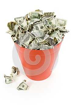 Dollars in Red Garbage Can