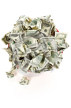 Dollars in Red Garbage Can