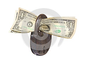 Dollars and rusty padlock