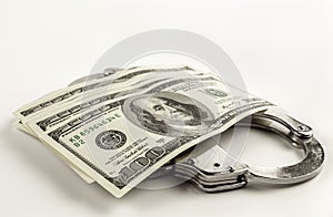 Dollars and steel handcuffs on a white background