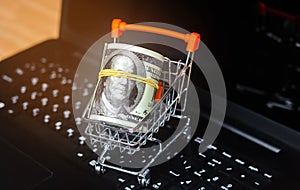 Dollars in the supermarket trolley on the keyboard. Online shopping. E-commerce. on the Internet. investing money in computer game