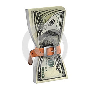 Dollars with tighten belt - financial crisis 3d concept