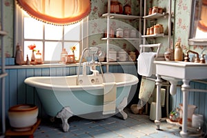 dollhouse bathroom with clawfoot tub and tiny toiletries