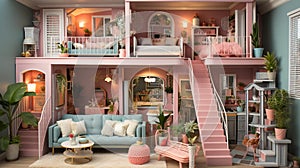 Dollhouse for children\'s games, cute pink barbie house. Game constructor for girls