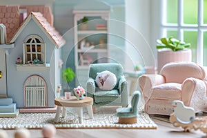 Dollhouse with miniature furniture. Generative AI