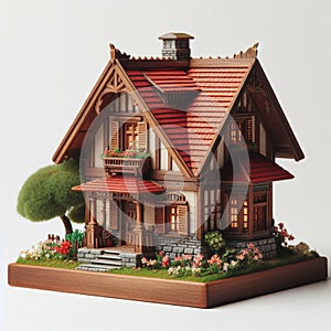 A dollhouse with a red roof and flower boxes.