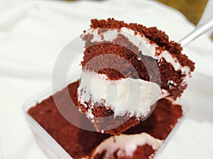 A dollop of red velvet cake with cream cheese looks delicious.