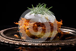 a dollop of sour cream on top of a crispy latke