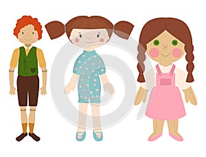 Dolls toy character game dress and farm scarecrow rag-doll vector illustration