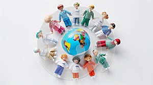 Dolls in various outfits encircle a globe, symbolizing global unity and diversity photo