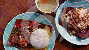 Dolly push to a table full of authentic traditional khmer food for breakfast