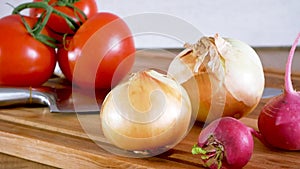 Dolly. Radish onion tomato knife and other vegetables on a kitchen board