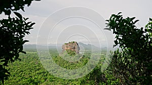 Dolly shot moves through green foliage, ancient Sigiriya Rock Fortress in Sri Lanka. UNESCO World Heritage Site among