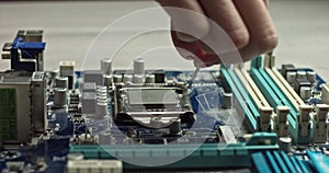 The dolly video of the CPU socket of the computer`s motherboard. the concept of computer, motherboard, hardware and