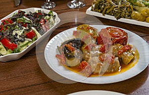 Dolma with cabbage, eggplant, tomatoes and pepper. Cabbage rolls with meat, rice and vegetables photo