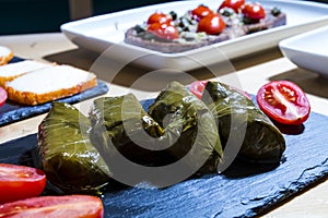 Dolma, delicious Casucasian and Turkish cuisine, vine leaves stuffed with minced meat and rice. Italian bruschetta with tomatoes