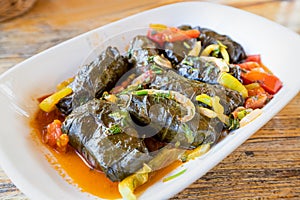 Dolma is large family of traditional dishes of grape leaf snacks stuffed minced meat. It is widespread in Transcaucasia and
