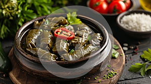 dolma in leaves on a plate. Selective focus.