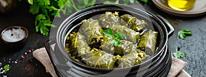 dolma in leaves on a plate. Selective focus.