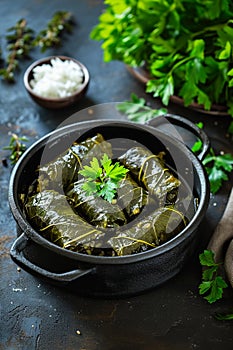 dolma in leaves on a plate. Selective focus.