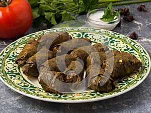 Dolma on a plate with sauce decorated with vegetables