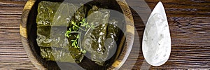 Dolma sarma or tolma stuffed grape leaves with rice, meat and white sauce cream