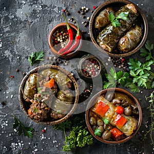 Dolma Set, Buglama with Lamb Shin, Vegetables, Fragrant Herbs. Sarma, Dolmades, Dolmadakia