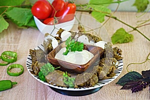 Dolma, tolma, sarma - stuffed grape leaves with meat photo