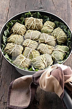 Dolmades with rhubarb leaves, meat and rice