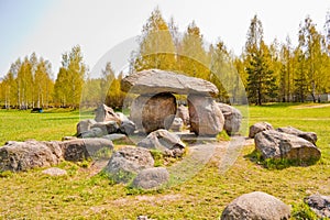 Dolmen in geological park-museum of boulders in Minsk, Belarus.