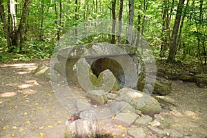 Dolmen in Shapsug. Forest in the city near the village of Shapsugskaya, sights are dolmens and ruins of ancient civilization