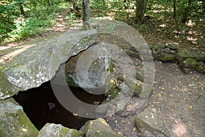 Dolmen in Shapsug. Forest in the city near the village of Shapsugskaya, sights are dolmens and ruins of ancient civilization