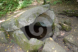 Dolmen in Shapsug. Forest in the city near the village of Shapsugskaya, sights are dolmens and ruins of ancient civilization