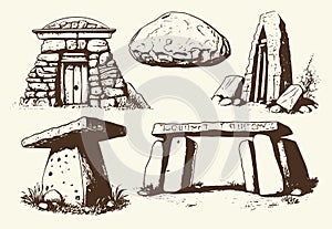 Dolmens set in vintage vector illustration style