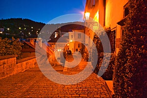 Dolna Ruzova street in Banska Stiavnica town during autumn evening