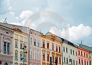 Dolni Namesti old town square colorful houses in Olomouc, Czech Republic