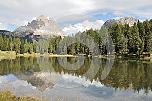 Dolomite lake and mountai reflection