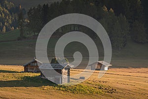 Dolomite mountain landscapes, Small loge on meadow on Alpe di Siusi, Dolomite Alps, Italy