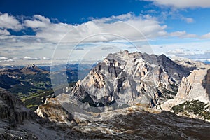 Dolomite Mountains over blue sky. Dolomites, Italy, Europe.