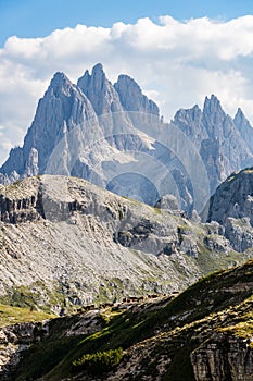 Dolomite peaks on a sunny day near Refugio Auronzo with meadow and cattle drive in the foreground